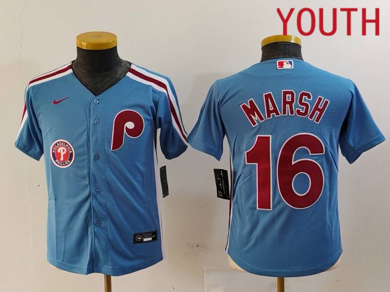 Youth Philadelphia Phillies #16 Marsh Blue Throwback 2024 Nike MLB Jersey style 3